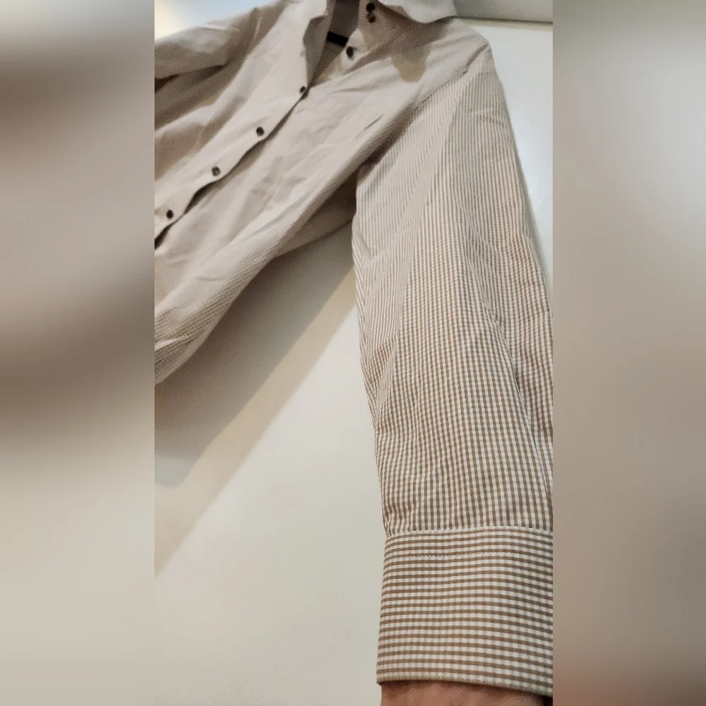 Women's Lafayette 148 Brown/Tan Striped Button Down Shirt, size M - Picture 8 of 10